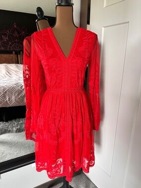 Altar’d State Red Embroidered Mesh Mini Dress Size Small NWT- B
